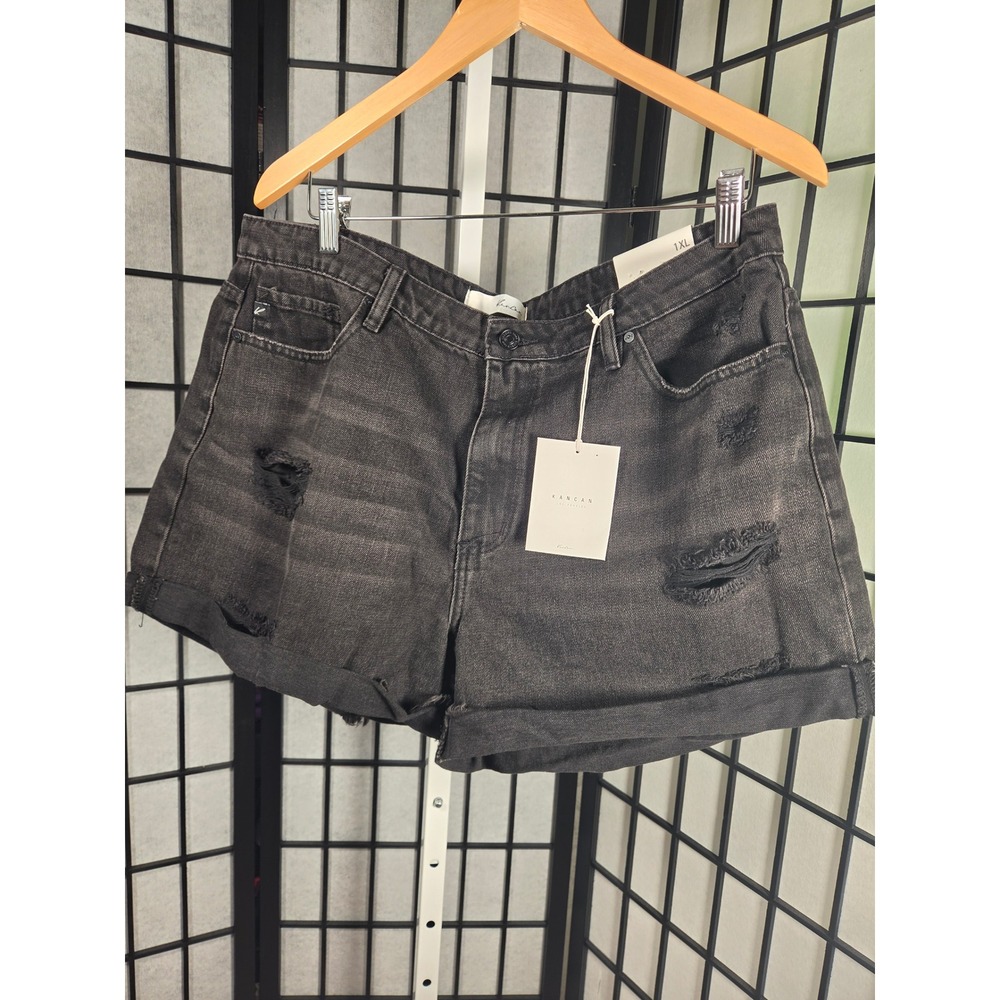 Kancan Boho Festival Grunge Distressed‎ High Rise Cuffed Black Denim Shorts 1XL